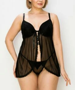 New 🧨 Jessica Simpson Black Lace-Accent Front-Slit Babydoll For 👩 Women 🛒