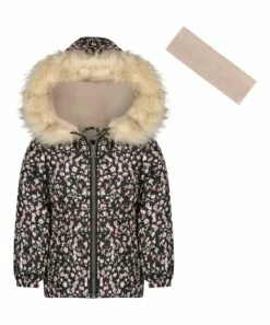 Best deal β€οΈ Jessica Simpson Black Floral Heavyweight Hooded Puffer π§₯ Coat & Beige Headband - Toddler & π§ Girls For Kids π