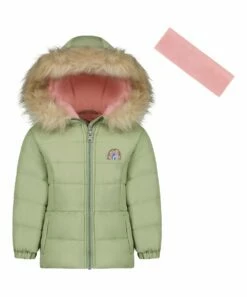 Best Pirce π Jessica Simpson Green Heavyweight Hooded Puffer π§₯ Coat & Pink Headband - π§ Girls For Kids π