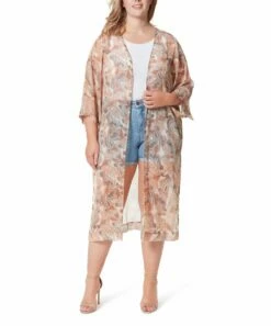 Best Sale 🔥 Jessica Simpson Champagne Paisley Sheer Three-Quarter Sleeve Duster Kimono - Plus For 👩 Women 🔔