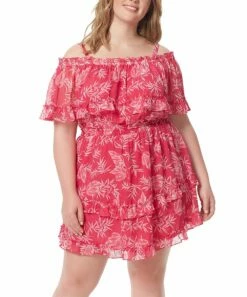 New 🎁 Jessica Simpson 🌞 Summer Bloom Cabaret Sheer Ruffle-Accent Off-Shoulder 👗 Dress - Plus For 👩 Women 🔥