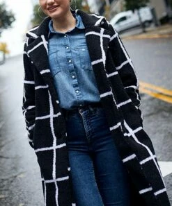 Best Pirce 🧨 Jessica Simpson Black & White Windowpane Long Teddy 🧥 Coat - 👩 Women & Plus 😍