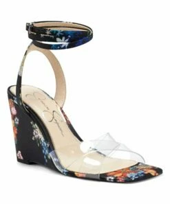 Hot Sale 🔔 Jessica Simpson Black & Clear Floral Ankle-Strap Crisscross Wedge 🩴 Sandal - 👩 Women 🔔