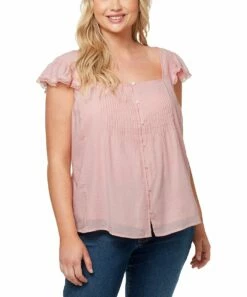Cheapest 🎉 Jessica Simpson Peach Pleated Ruffle Flutter-Sleeve Allan Button-Up Top - Plus For 👩 Womens Plus 🔔