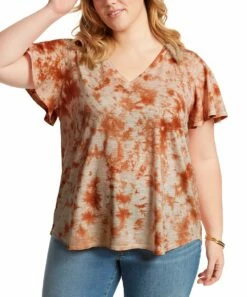 Buy 💯 Jessica Simpson Golden Tie-Dye Flutter-Sleeve Tee - Plus For 👩 Womens Plus 🥰